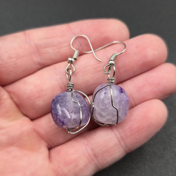 Silver Plated Purple Unique Handmade Glass Dangle Earrings A6098 - Picture 3 of 5